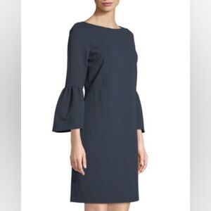 Lafayette 148 New York Navy Bell Sleeve Boteau Neck Cotton Blend Dress W/pockets